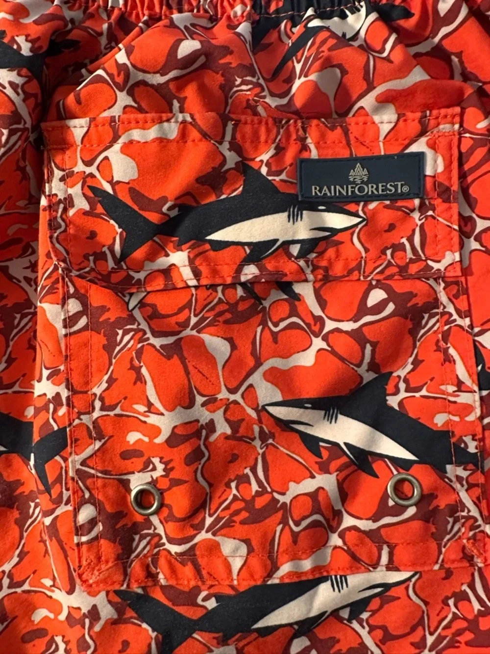 Rainforest Youth Orange Shark Print Swim Trunks Mesh Lined Board Shorts Small